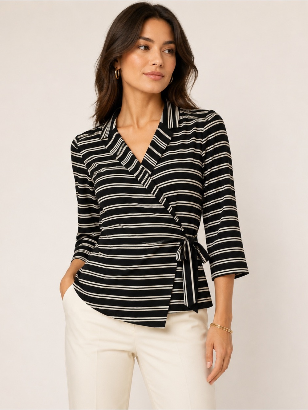 Pendleton Silk Cotton Stripe Wrap Blouse Women’s Small Black Ivory Tie Waist Top